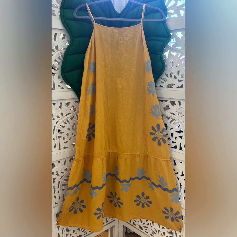 NWT limited edition Zara flowy mustard and blue embroidered summer/spring dress.